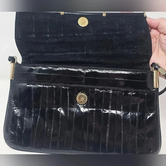 Vintage Eel Skin Black Elegant Exotic Envelope Clutch Crossbody Gold Hardware - Picture 6 of 16